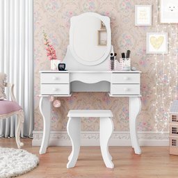 Kit Penteadeira Princesa com Espelho e Banqueta 4 Gavetas Estilo Provençal/vintage:branco - 3