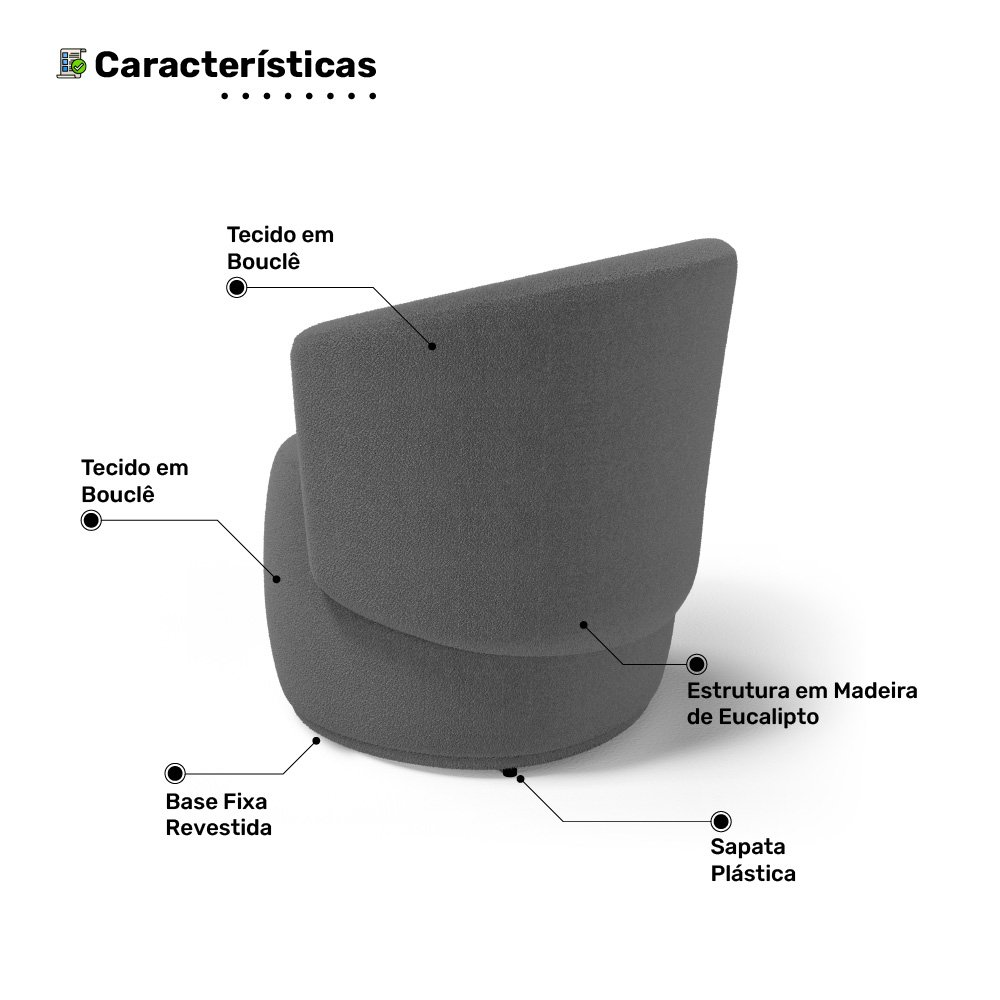 Kit 2 Poltronas e 1 Namoradeira Aisha Orgânica Bouclê Cinza Escuro - Desk Design - 3