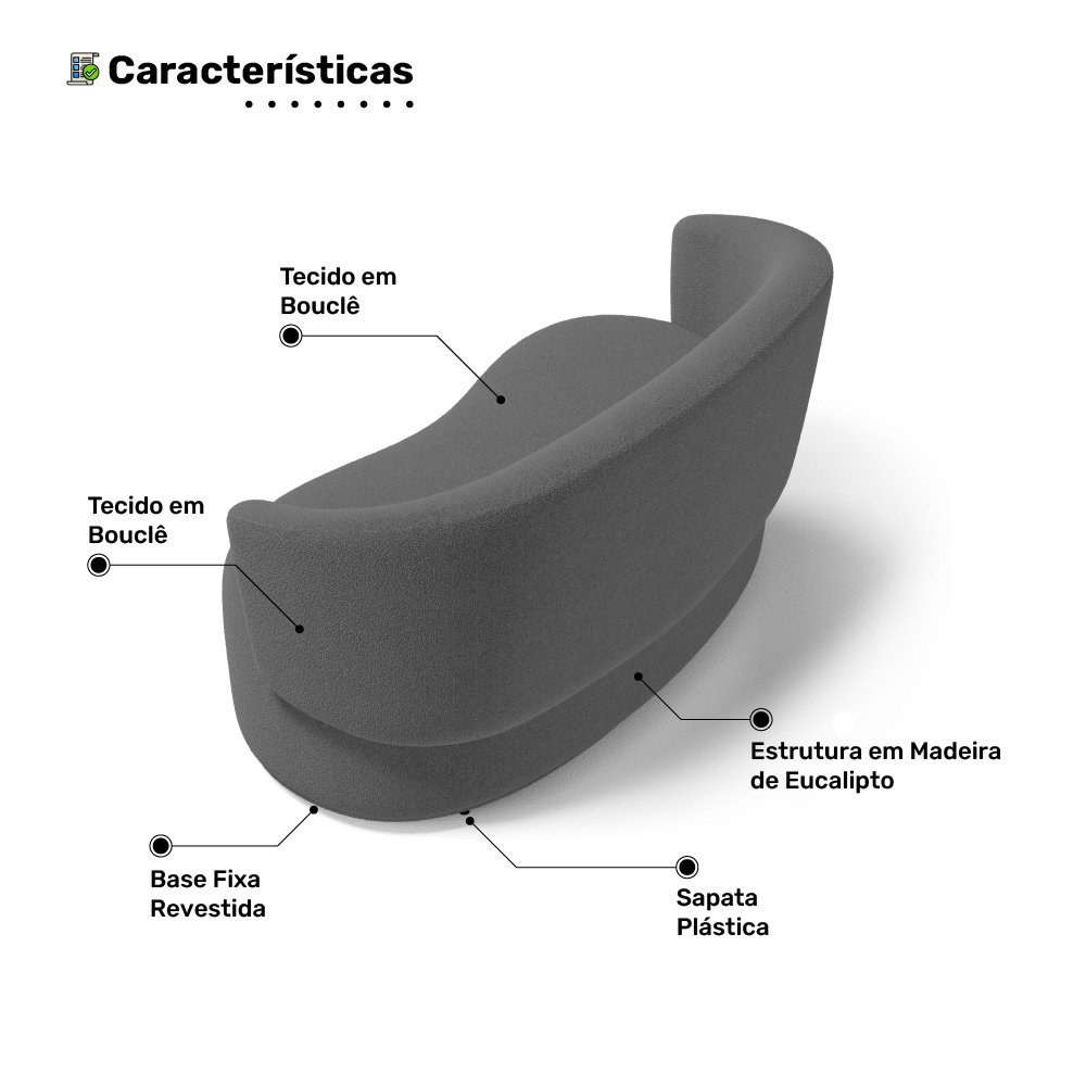 Kit 2 Poltronas e 1 Namoradeira Aisha Orgânica Bouclê Cinza Escuro - Desk Design - 5