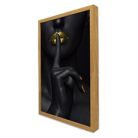 Quadro Decorativo Caixa Mulher Silêncio Dourado Tacolado Moldura Caixa 3cm Freijó sem Vidro 80 X 120