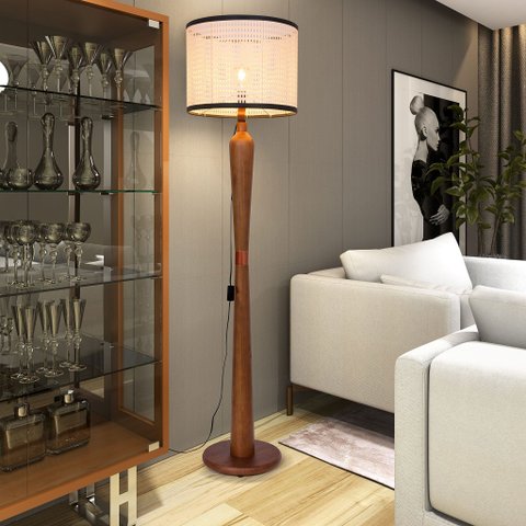 Luminária de Chão Master 160cm Madeira Maciça Cobre Bivolt E27 Cúpula - Palha/Preto
