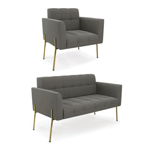 Sofá Namoradeira e Poltrona Pé de Ferro Dourado Elisa Suede D03 - D’Rossi