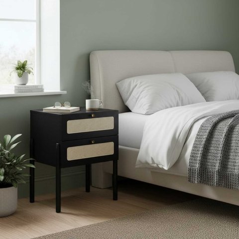 Mesa de Cabeceira 2 Gavetas Palhinha Pé Madeira 27933 Oslo Artesano - Nero/preto