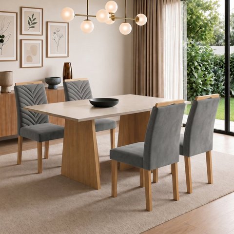 Conjunto Sala de Jantar 4 Lugares Retangular Tampo MDF 120x80cm Mesa Lyra e Cadeiras Carol