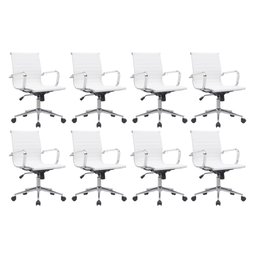 Kit 8 Cadeiras de Escritório Diretor Eames em Couro - Branco - 1