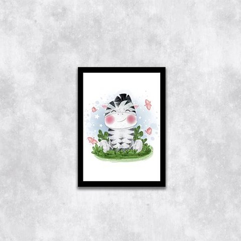 Quadro Infantil Estilo Aquarela Zebrinha 45x34cm - com vidro:Madeira preta