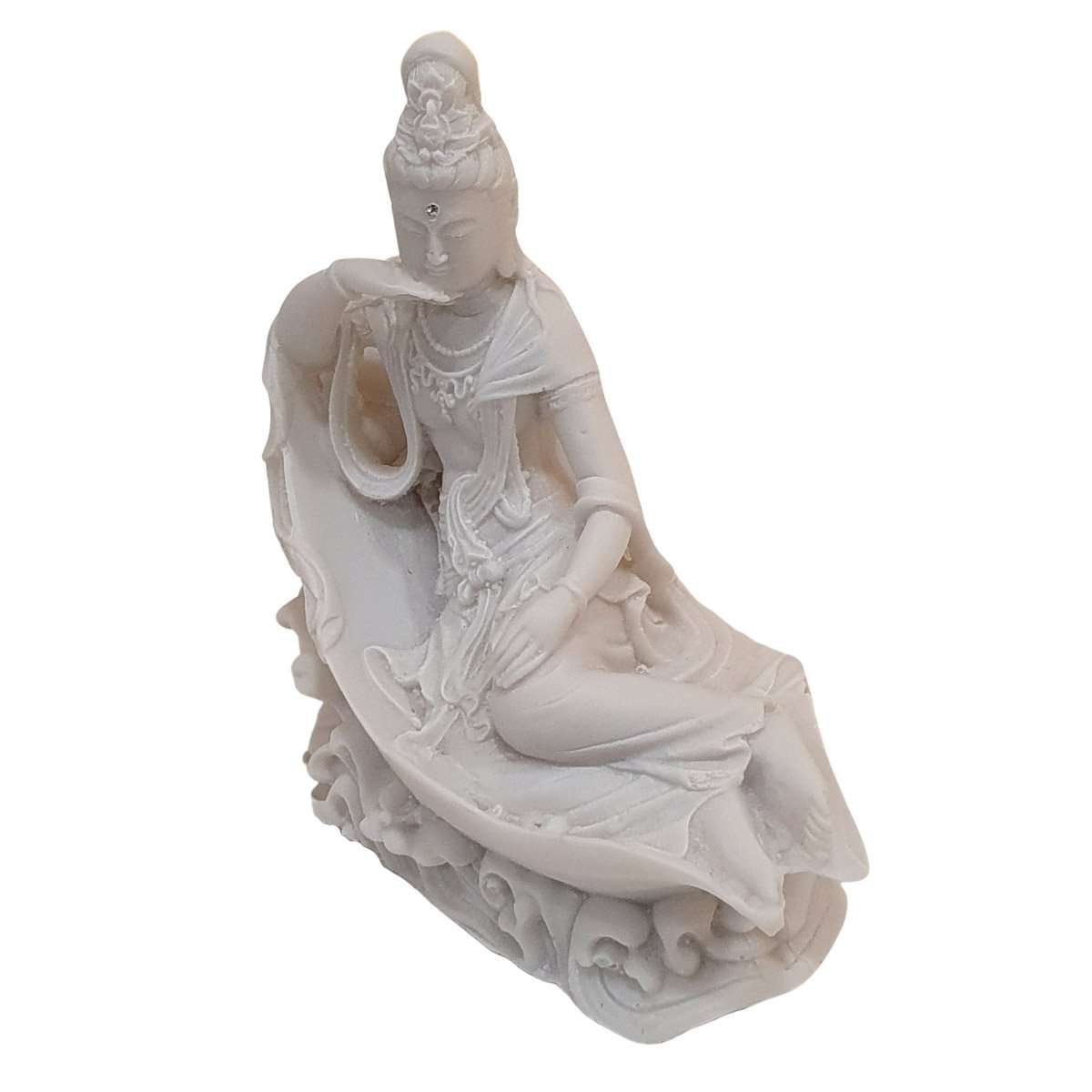 Escultura Kwan Yin Deitada no Trono de Pó de Mármore Branco 14cm - 2