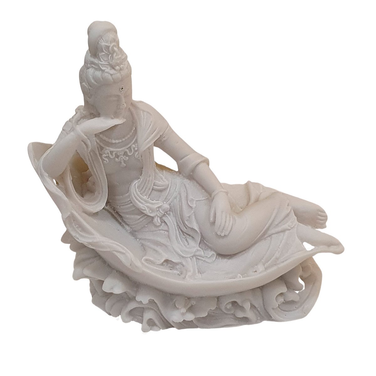 Escultura Kwan Yin Deitada no Trono de Pó de Mármore Branco 14cm