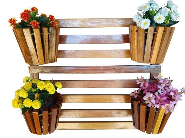 Painel de Madeira para Flores Plantas com 5 Vasos Movéis - 2