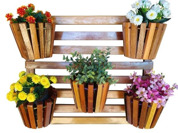 Painel de Madeira para Flores Plantas com 5 Vasos Movéis