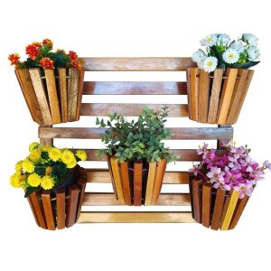 Painel de Madeira para Flores Plantas com 5 Vasos Movéis