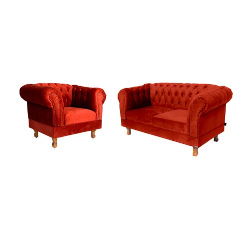 Conjunto Sofá Namoradeira Chesterfield Capitone Suede Vermelho Decorativa / Sala, Tv, Estar, Recepçã