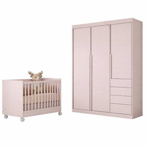 Quarto de Bebê Completo Pérola com Guarda Roupa 3 Portas e Berço Mini Cama Rosa - Phoenix Baby