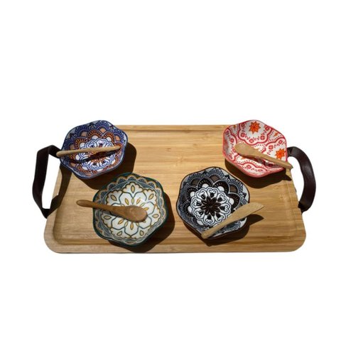 Bandeja de Madeira Feita a Mão com Alças Couro e 4 Mini Bowl Pracaza