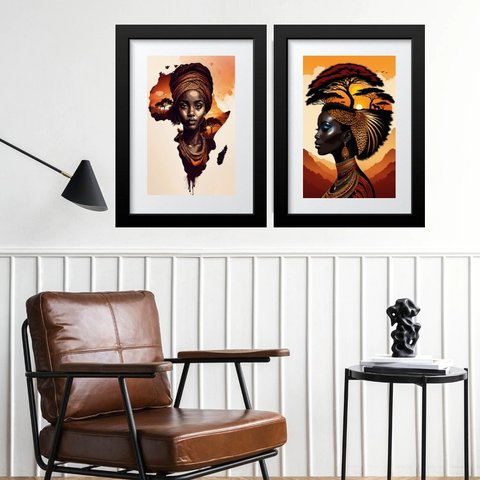 Kit 2 Quadros Grandes Mulher África - 60x48cm:madeira Branca