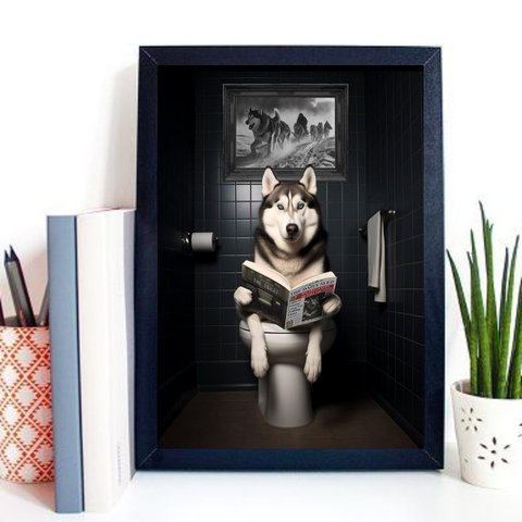 Quadro Divertido Banheiro Husky Siberiano 45x34cm - com Vidro:madeira Preta