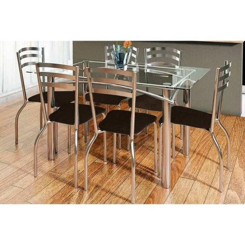 Conjunto: Mesa Sala Jantar Elba C/ Tampo de Vidro 150cm e 6 Cadeiras Portugal Cromada - Courano