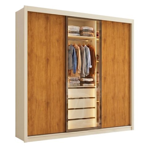 Guarda Roupas Casal 3 Portas de Correr Reflecta com LED 4 Gavetas Flex Eva
