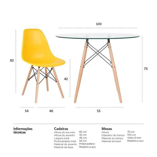 Conjunto de Mesa de Vidro Eames 100cm + 4 Cadeiras Eiffel Dsw Amarelo - 10