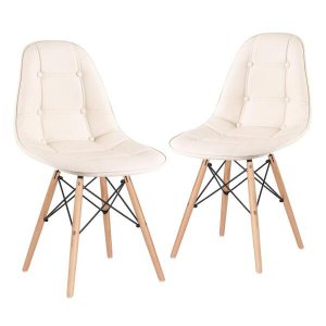 Kit 2 Cadeiras Eames Eiffel Botonê - Creme - Base de Madeira Clara
