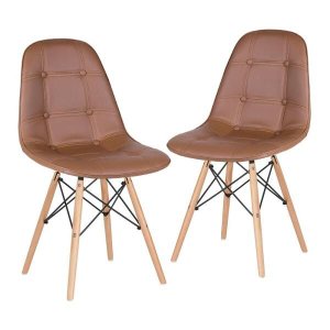 Kit 2 Cadeiras Estofadas Eames Eiffel Botonê - Marrom - Base de Madeira Clara