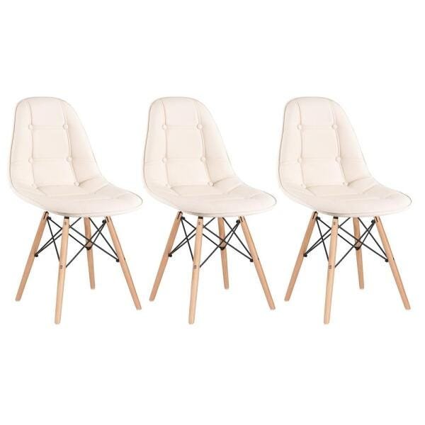 Kit 3 Cadeiras Eames Eiffel Botonê - Creme - Base de Madeira Clara