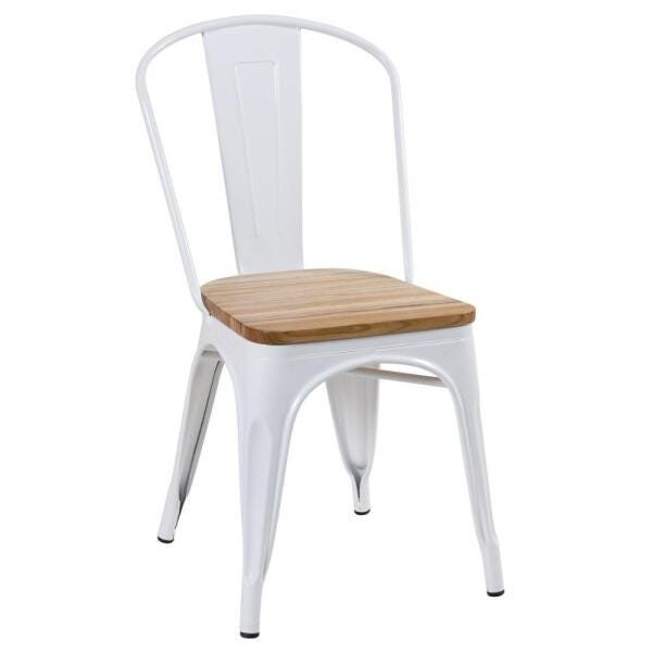 Cadeira Iron Tolix com Assento de Madeira Rústica Clara - Vintage - Branco