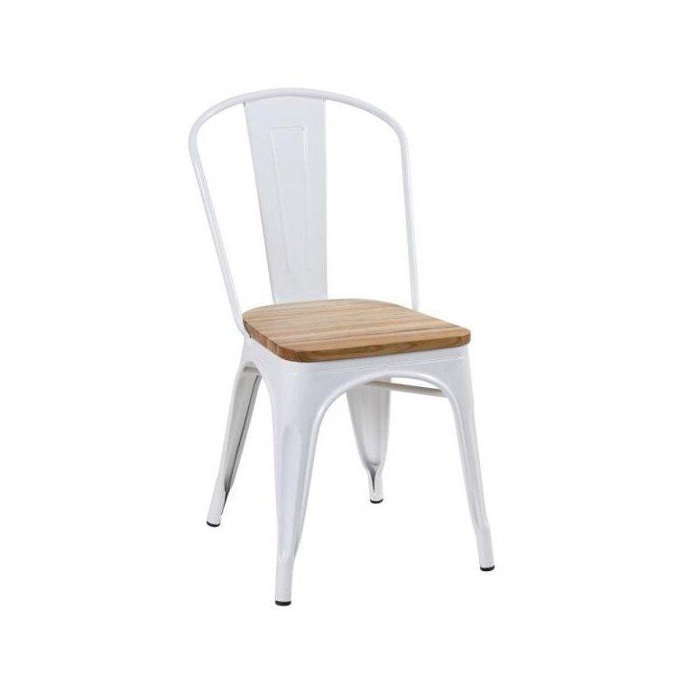Cadeira Iron Tolix com Assento de Madeira Rústica Clara - Vintage - Branco