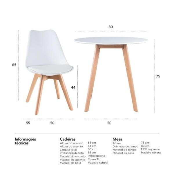 Mesa de Jantar Redonda 80cm + 4 Cadeiras Estofadas Leda - Branco - 10