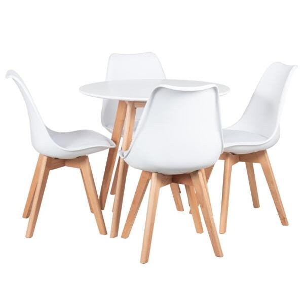Mesa de Jantar Redonda 80cm + 4 Cadeiras Estofadas Leda - Branco - 2
