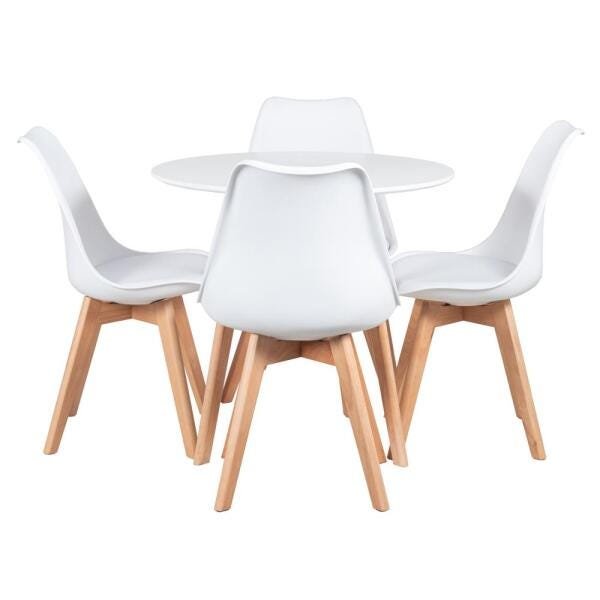 Mesa de Jantar Redonda 80cm + 4 Cadeiras Estofadas Leda - Branco