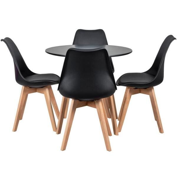 Mesa de Jantar Redonda 80cm + 4 Cadeiras Estofadas Leda - Preto - 1