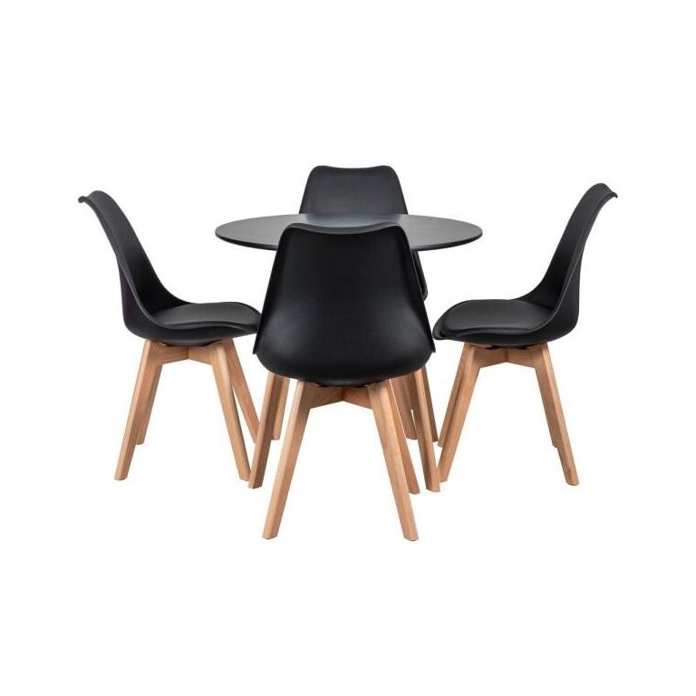 Mesa de Jantar Redonda 80cm + 4 Cadeiras Estofadas Leda - Preto