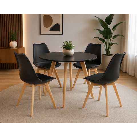 Mesa de Jantar Redonda 80cm + 4 Cadeiras Estofadas Leda - Preto