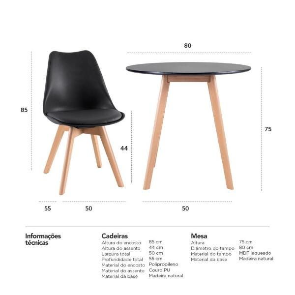 Mesa de Jantar Redonda 80cm + 4 Cadeiras Estofadas Leda - Preto - 2