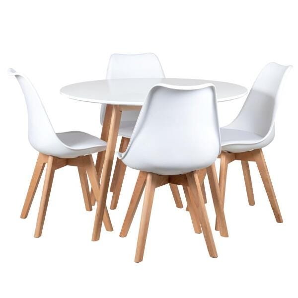 Mesa de Jantar Redonda 100cm + 4 Cadeiras Estofadas Leda - Branco - 2