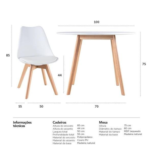 Mesa de Jantar Redonda 100cm + 4 Cadeiras Estofadas Leda - Branco - 10