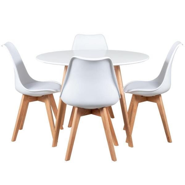 Mesa de Jantar Redonda 100cm + 4 Cadeiras Estofadas Leda - Branco - 1