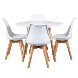 Mesa de Jantar Redonda 100cm + 4 Cadeiras Estofadas Leda - Branco - 1