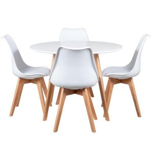 Mesa de Jantar Redonda 100cm + 4 Cadeiras Estofadas Leda - Branco