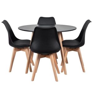 Mesa de Jantar Redonda 100cm Leda e 4 Cadeiras Estofadas Leda Preto