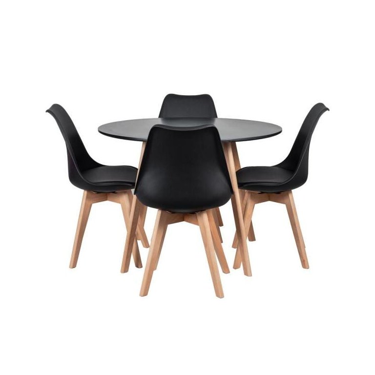 Mesa de Jantar Redonda 100cm Leda e 4 Cadeiras Estofadas Leda Preto