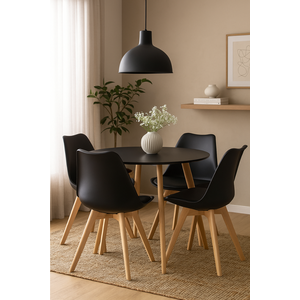 Mesa Elegante de Jantar Sala Cozinha Redonda 100cm Leda e 4 Cadeiras Estofadas Leda Preto