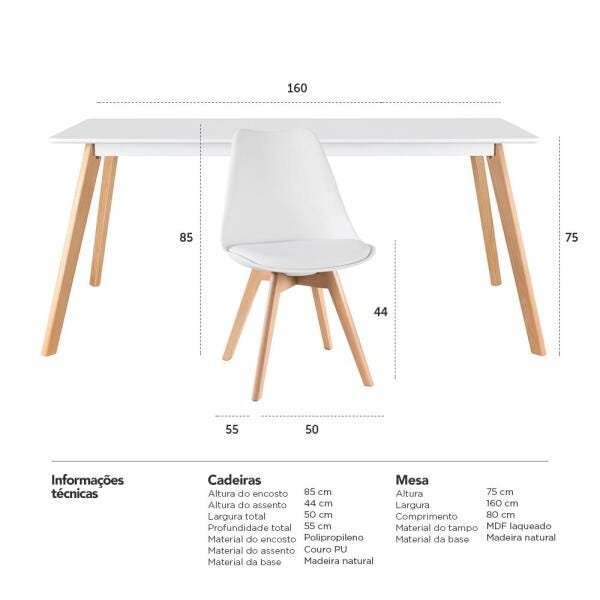 Mesa de Jantar Retangular 80 x 160cm + 6 Cadeiras Leda - Branco - 9