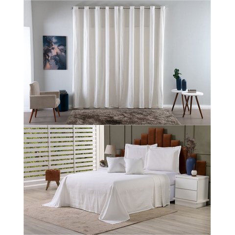 Kit Colcha Cobre Leito Casal + Cortina 3 Metros Tecido Rústico Topázio 6 Peças:palha