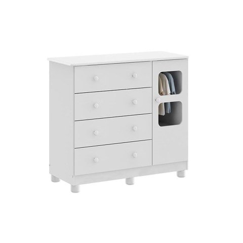 Cômoda Bebê Uli C/ 1 Porta Cristal e 4 Gavetas Branco - Peroba
