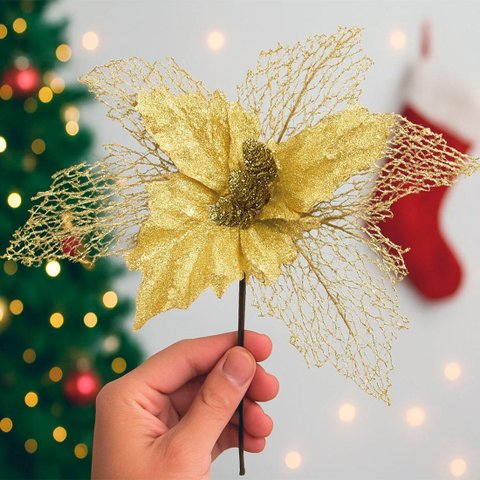 Flores Ramos Árvore Natal com Gliter Dourado 22cm Kit 4pçs