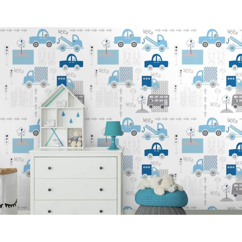 Papel de Parede Infantil - Carrinhos Azul Arte Destaque 2 Metros
