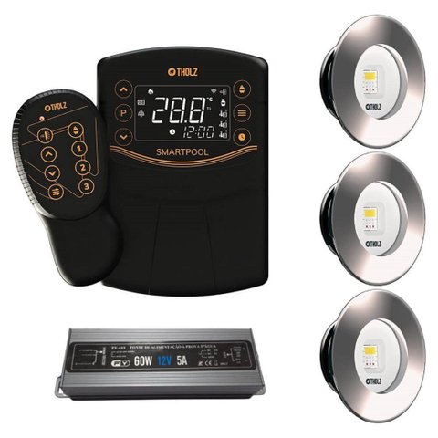 Kit 3 Led Slim Rgbw 15w Inox Piscina Tholz + Smartpool + Fonte