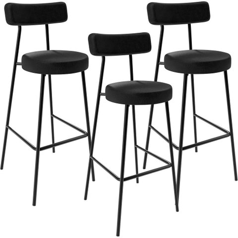 Kit 03 Banquetas Altas Bar Sala De Jantar Estrutura Em Aço Milão F01 Couríssimo Preto - Lyam
